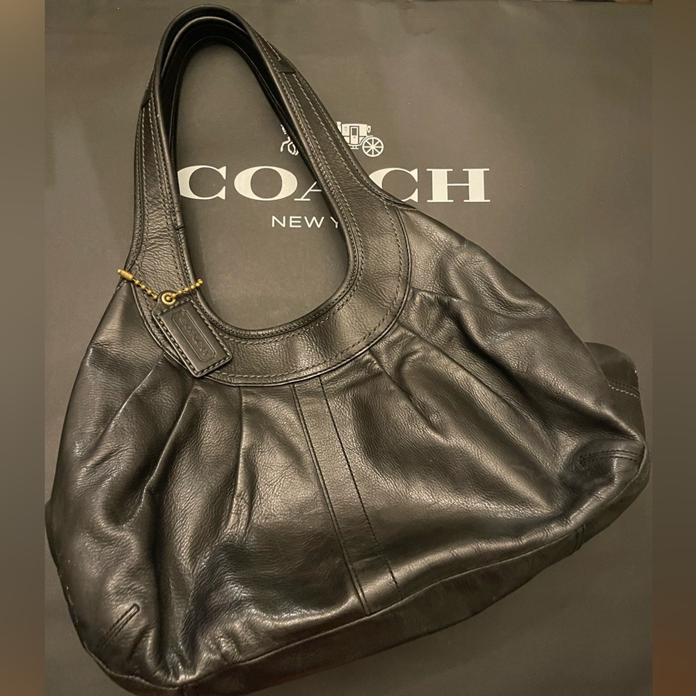 COACH 12248 Black Shoulder Bag Ergo Leather Pleated Flamed